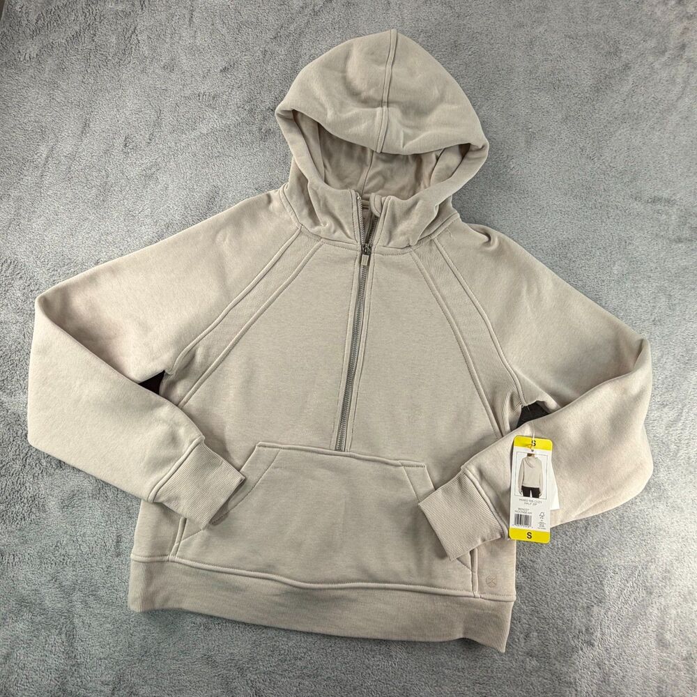 Danskin Womens S Mixed Rib Cozy Half Zip Hoodie Moonbeam Beige NWT 1805037